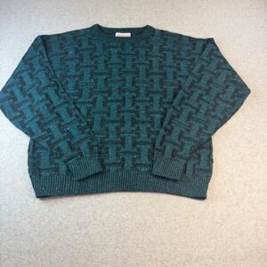 Vintage American Edition Mens Teal Black Geometric Knit Sweater Made in USA L